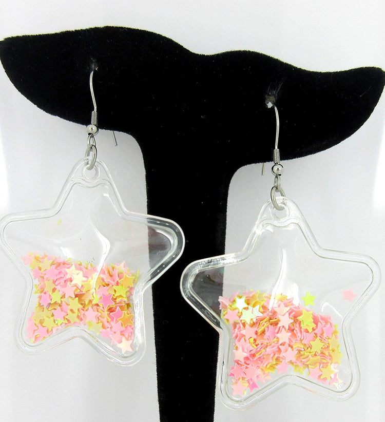 Confetti Glitter Shaker Large Star Dangle Earrings Stainless Steel (Pink/Yellow)