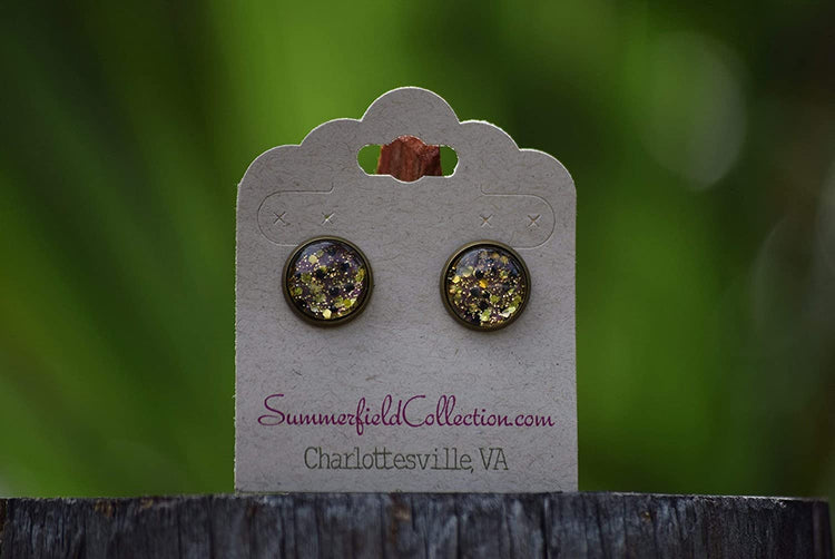 Antiqued Gold-tone Black and Silver Glitter Glass Stud Earrings Hand-painted 12mm