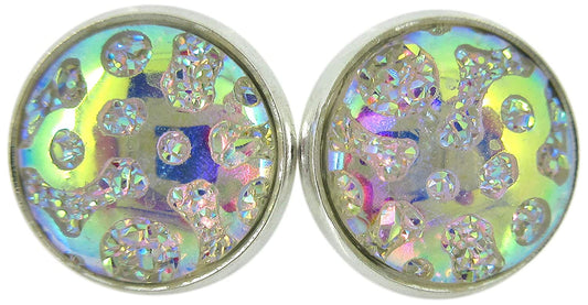 Silver-tone Clear AB Frosted Metallic Rainbow Stud Earrings 12mm
