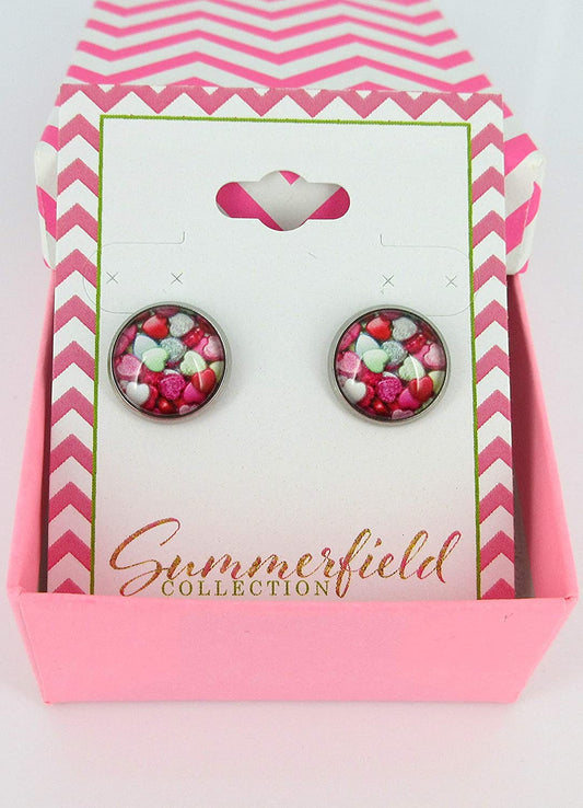 Stainless Steel Heart Print Glass Stud Earrings 12mm