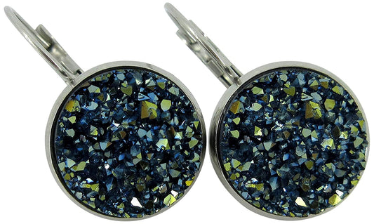Stainless Steel Metallic Blue Faux Druzy Stone Lever-back Drop Earrings 14mm