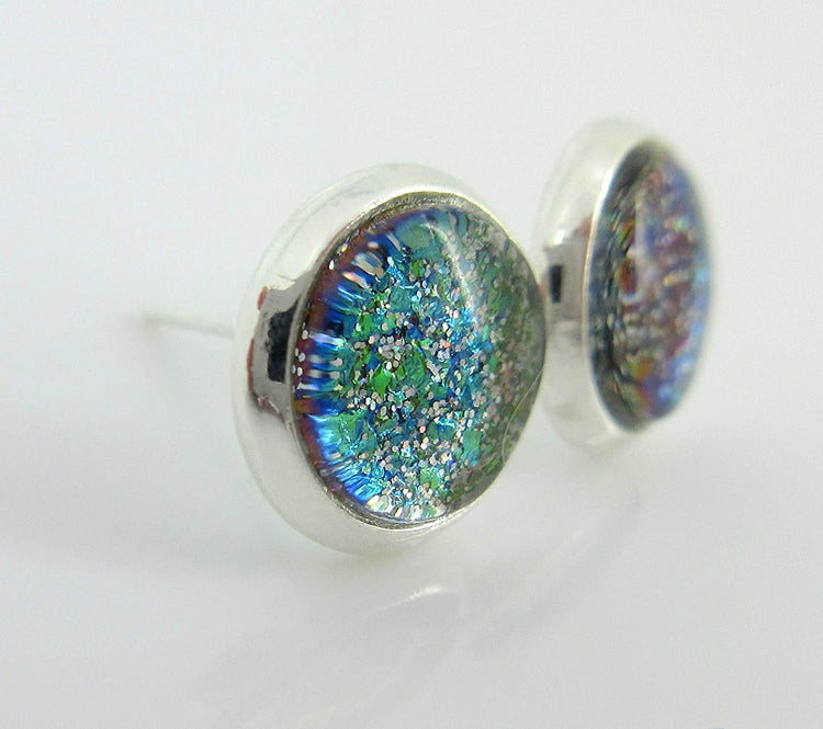 Silver-tone Green Glitter Glass Stud Earrings Hand-painted 8mm