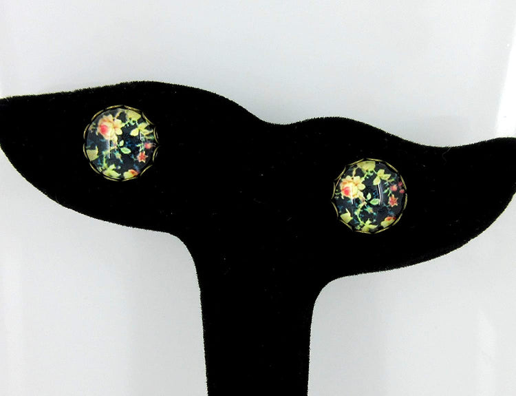 Antiqued Gold-tone Black and Pink Flower Print Glass Stud Earrings 12mm