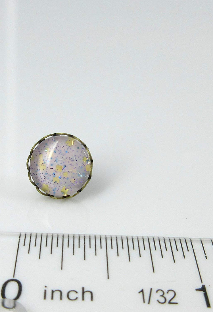 Antiqued Gold-tone Lavender Purple Glitter Glass Stud Earrings Hand-painted 10mm