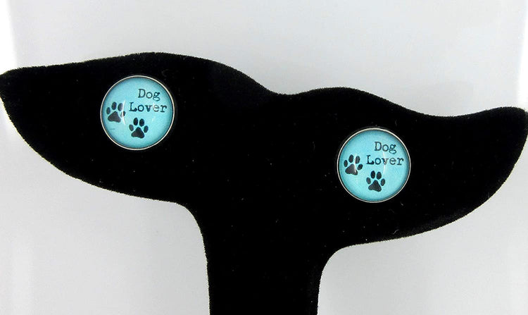 Stainless Steel Blue Dog Lover Paw Print Glass Stud Earrings 12mm