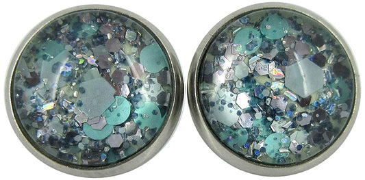 Stainless Steel Mint Green and Silver Glitter Glass Stud Earrings Hand-painted 12mm