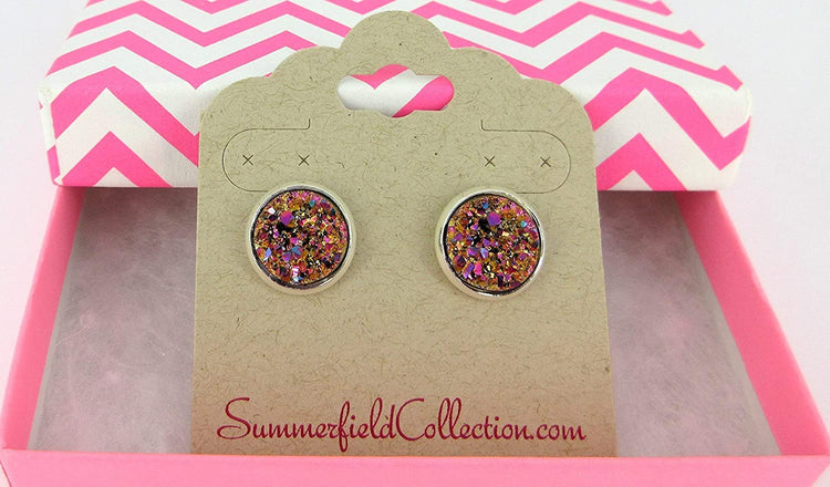 Silver-tone Metallic Faux Druzy Stone Stud Earrings 12mm