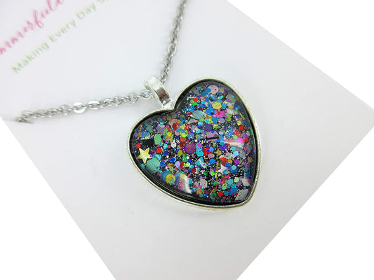 Silver-Tone Black and Multi-Color Confetti Glitter Glass Heart Pendant Necklace 20" Chain Stainless