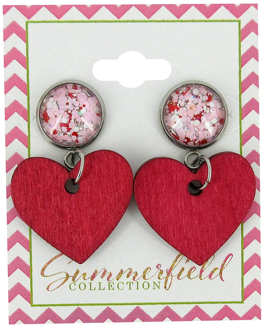 Stainless Steel Pink White Glitter Glass Red Heart Wood Drop Earrings