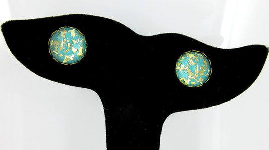 Antiqued Gold-tone Teal Blue Green Glitter Glass Stud Earrings Hand-painted 12mm