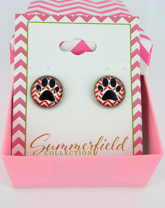 Stainless Steel Red Chevron and Black Paw Print Pink Glass Stud Earrings 12mm