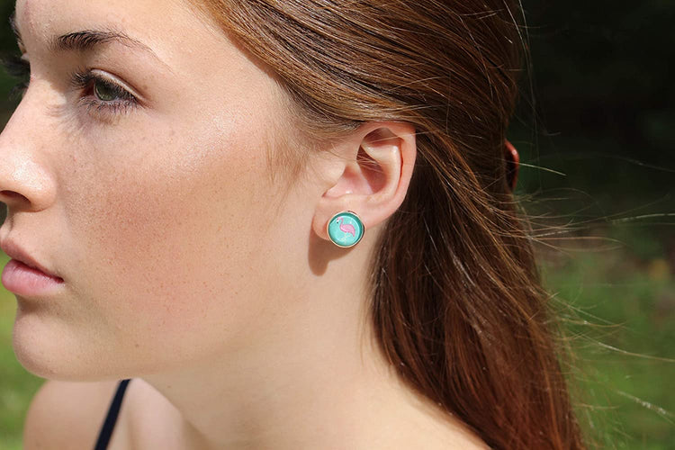 Silver-tone Teal Green Blue and Pink Flamingo Print Glass Stud Earrings 12mm