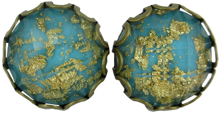 Antiqued Gold-tone Aqua Blue Faceted Resin Leaf Foil Stud Earrings 12mm