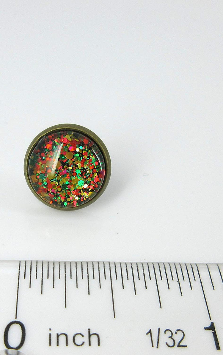 Antiqued Gold-tone Christmas Mix Glitter Glass Stud Earrings Hand-painted 12mm