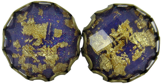 Antiqued Gold-tone Purple Faceted Resin Leaf Foil Stud Earrings 12mm