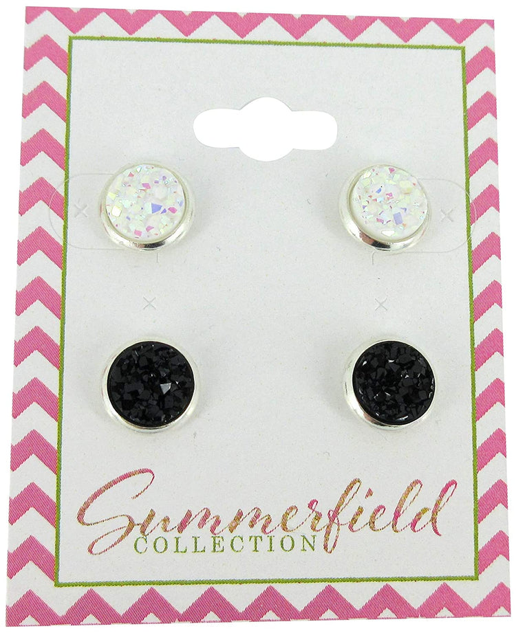 Duo Silver-tone Faux Druzy Stone Stud Earrings 8mm Set (Aqua Blue/Deep Pink AB)