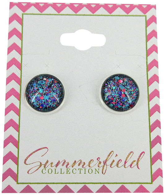 Silver-tone Blue Purple Pink Glitter Glass Stud Earrings 12mm Hand-painted