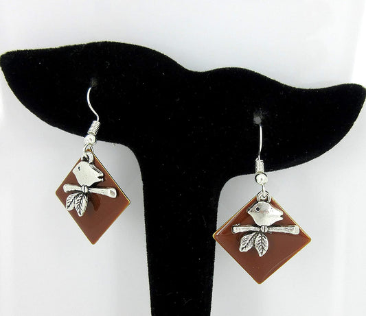 Silver-tone Brown Enamel Bird Charm Dangle Earrings