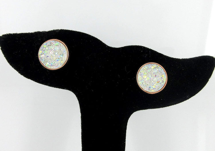 Rose Gold-tone Clear AB Faux Druzy Stone Stud Earrings 12mm