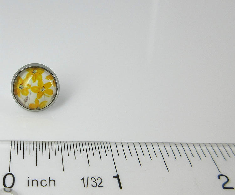 Stainless Steel Yellow Flower Print Glass Stud Earrings 12mm