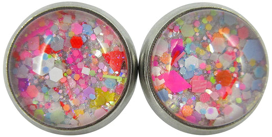 Stainless Steel Happy Confetti Glitter Glass Stud Earrings Hand-painted 10mm