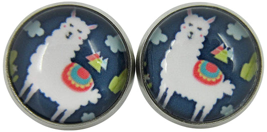 Stainless Steel Llama Print Glass Stud Earrings 12mm (Navy Blue)