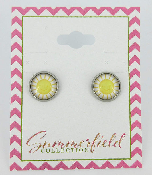 Stainless Steel White and Yellow Sunshine Print Glass Stud Earrings 10mm