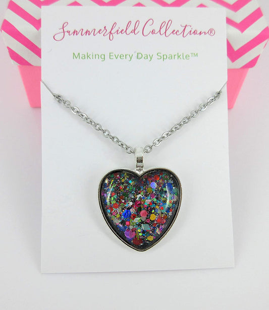 Silver-Tone Black and Multi-Color Confetti Glitter Glass Heart Pendant Necklace 20" Chain Stainless