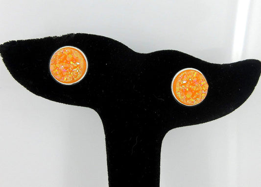 Sunset Trio Silver-tone Stud Earrings 12mm Red Orange Yellow AB Faux Druzy Stone Set