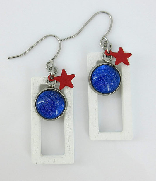 Stainless Steel Patriotic Glass Star Charm Rectangle Wood Dangle Earrings Hand-painted