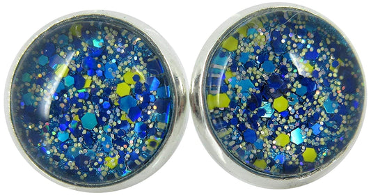 Silver-tone Blue Yellow Holographic Glitter Glass Stud Earrings Hand-painted 12mm