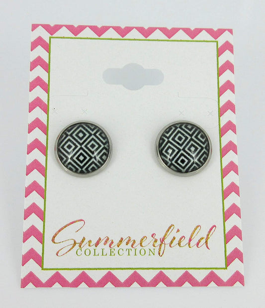 Stainless Steel Black and White Geometric Print Glass Stud Earrings 12mm