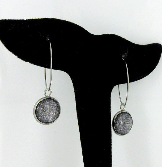 Stainless Steel Charcoal Gray Glitter Glass Charm Hoop Earrings Hand-painted 1"