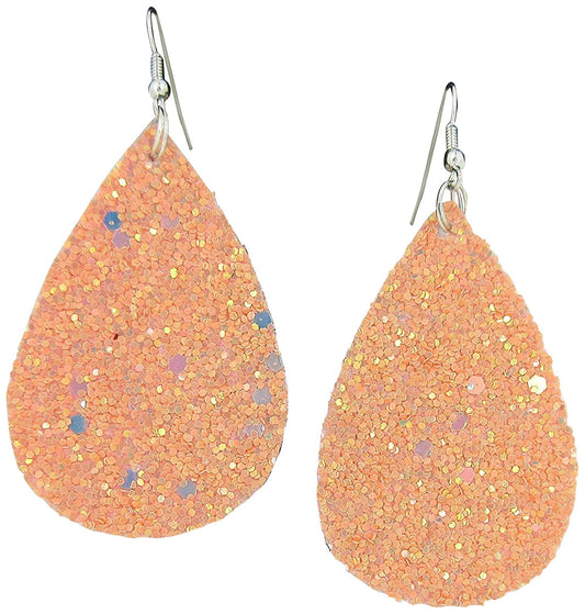 Pink Glitter Faux Leather Large Teardrop Dangle Earrings