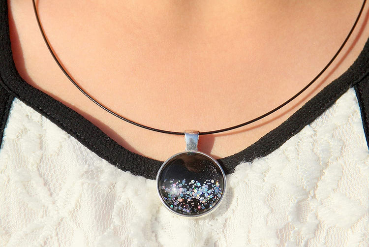 Silver-Tone Black and Holographic Glitter Glass Geometric Pendant Necklace Magnetic 18 inch