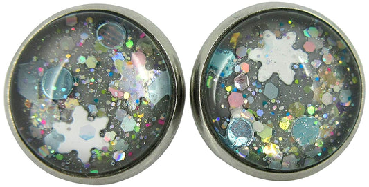 Stainless Steel Gray Snowfall Glitter Glass Stud Earrings Hand-painted 12mm