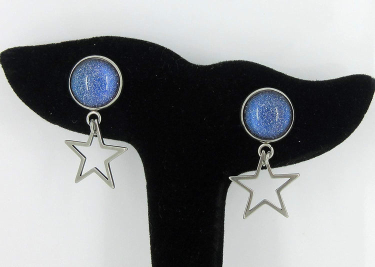 Stainless Steel Blue Galaxy Glitter Glass Stud and Star Drop Earrings