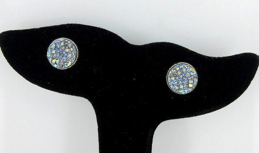 Stainless Steel Frost Blue Gray AB Glitter Faux Druzy Stone Stud Earrings 10mm