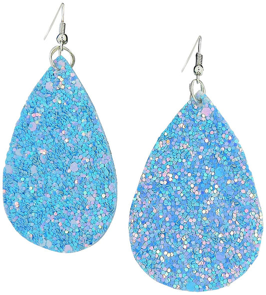 Silver-tone Glitter Faux Leather Large Teardrop Dangle Earrings