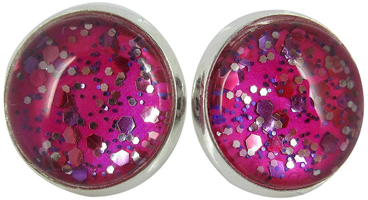 Silver-tone Fuchsia Pink and Purple Glitter Glass Stud Earrings Hand-painted 12mm