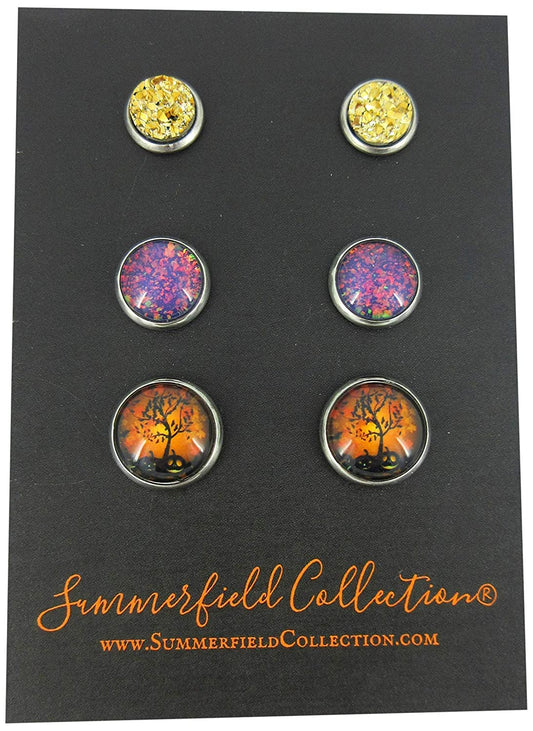 Stainless Steel Halloween Trio Stud Earrings Set Faux Druzy Glass