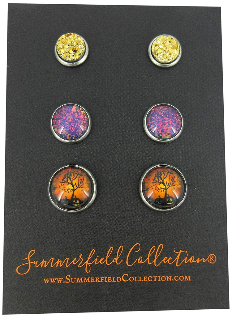 Stainless Steel Halloween Trio Stud Earrings Set Faux Druzy Glass