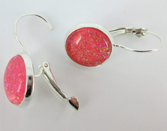 Silver-tone Coral Iridescent Glitter Glass Galaxy Drop Earrings Leverback Hand-painted