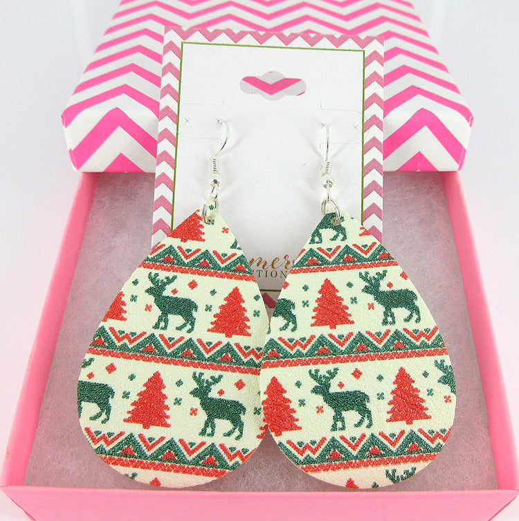 White Red Green Christmas Print Faux Leather Large Teardrop Dangle Earrings