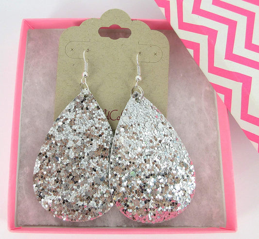 Silver Glitter Faux Leather Large Teardrop Dangle Earrings