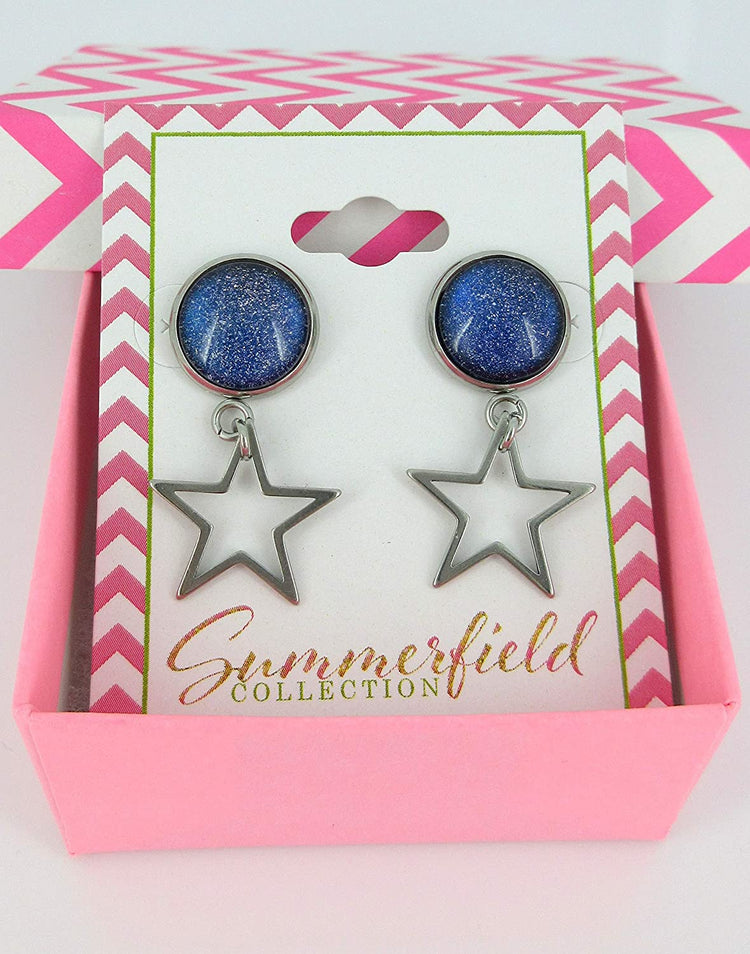 Stainless Steel Blue Galaxy Glitter Glass Stud and Star Drop Earrings