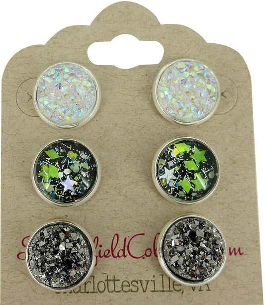 Silver-tone Trio Stud Earrings Neon Green Black Glitter Glass Gunmetal Clear Faux Druzy Stone Set