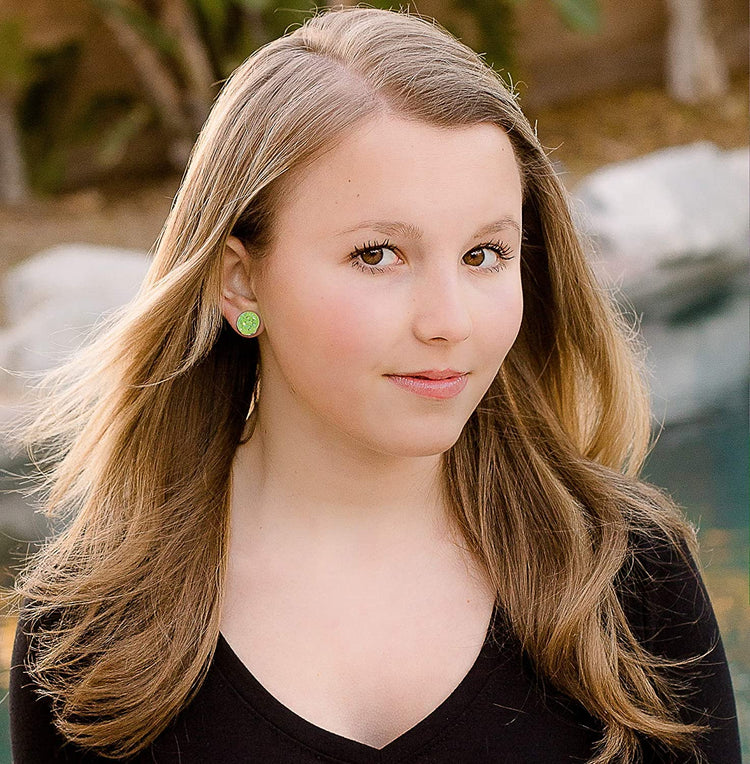 Silver-tone Lime Green AB Faux Druzy Stone Stud Earrings 12mm