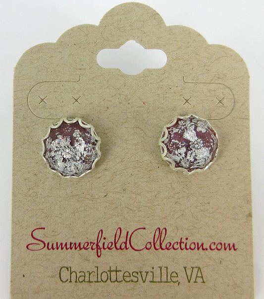 Silver Foil Dark Purple Faceted Resin Stud Earrings 12mm