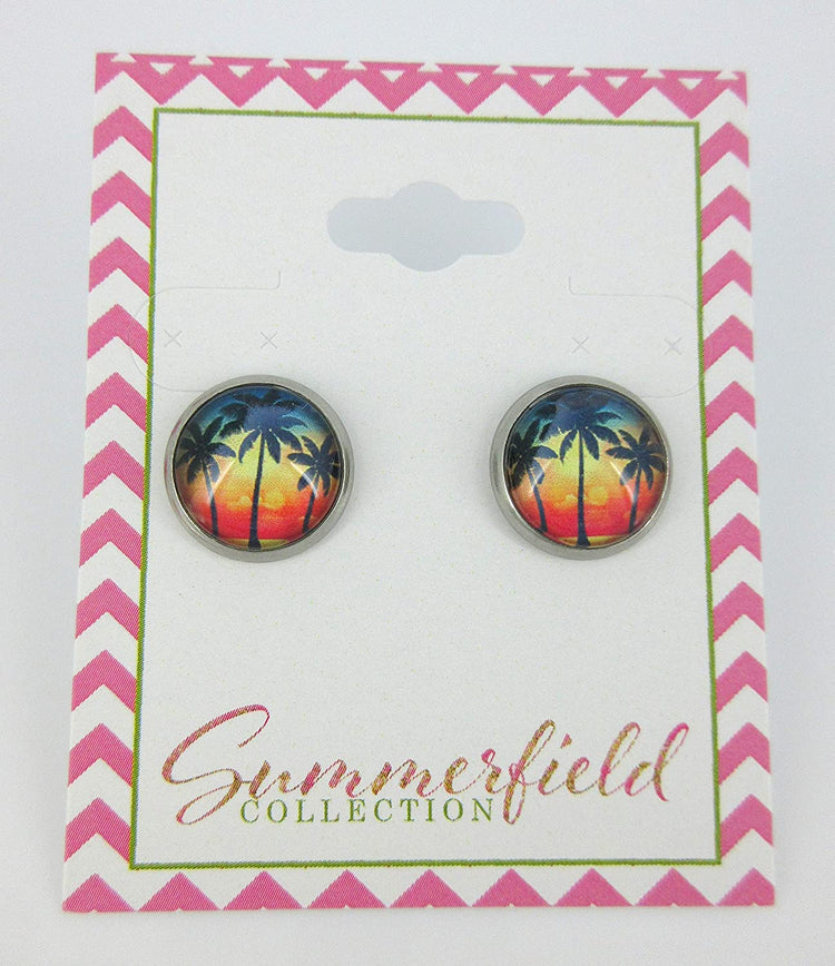 Stainless Steel Tropical Sunset Palm Tree Print Glass Stud Earrings 12mm